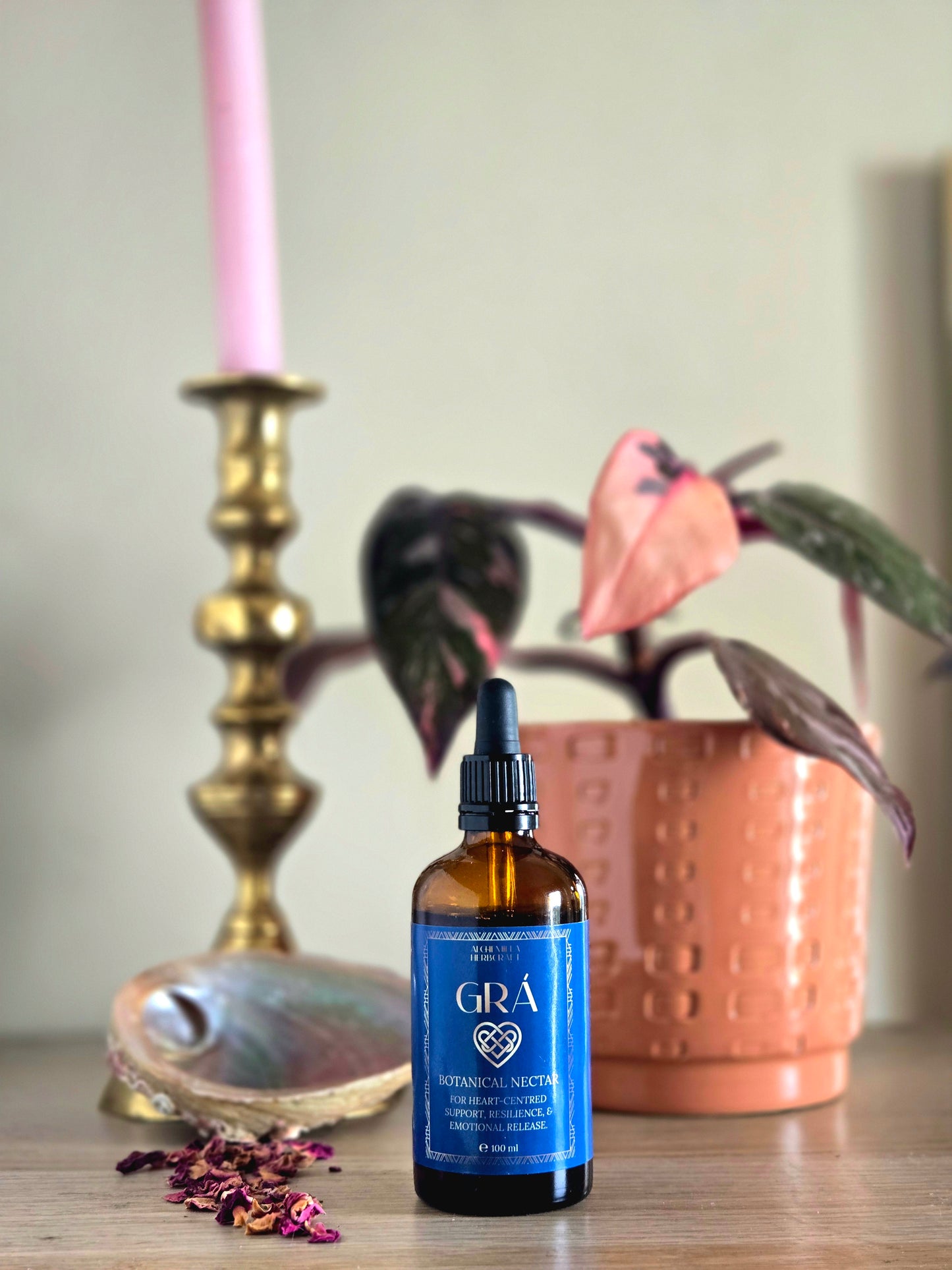 Alchemilla Herbcraft Gra Botanical Nectar amber glass dropper bottle, handmade in Ireland.