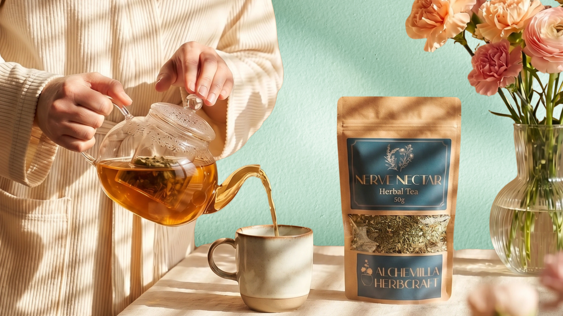 A woman pouring a cup of Nerve Nectar tea