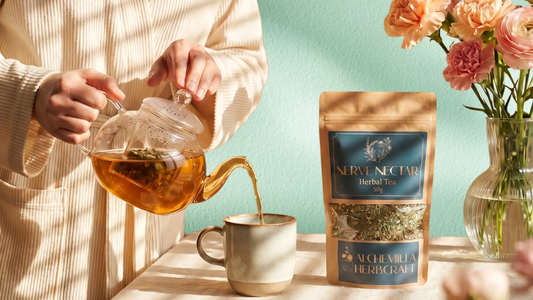 A woman pouring a cup of Nerve Nectar tea