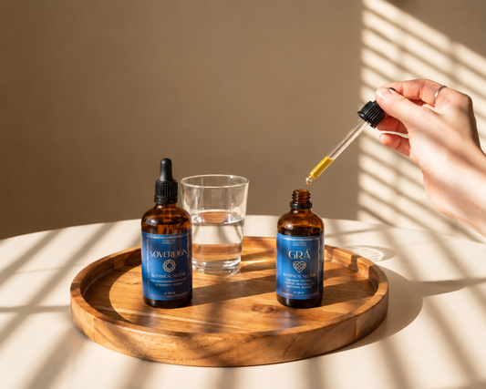 Grá and Sovereign botanical nectars on a table with a glass of water