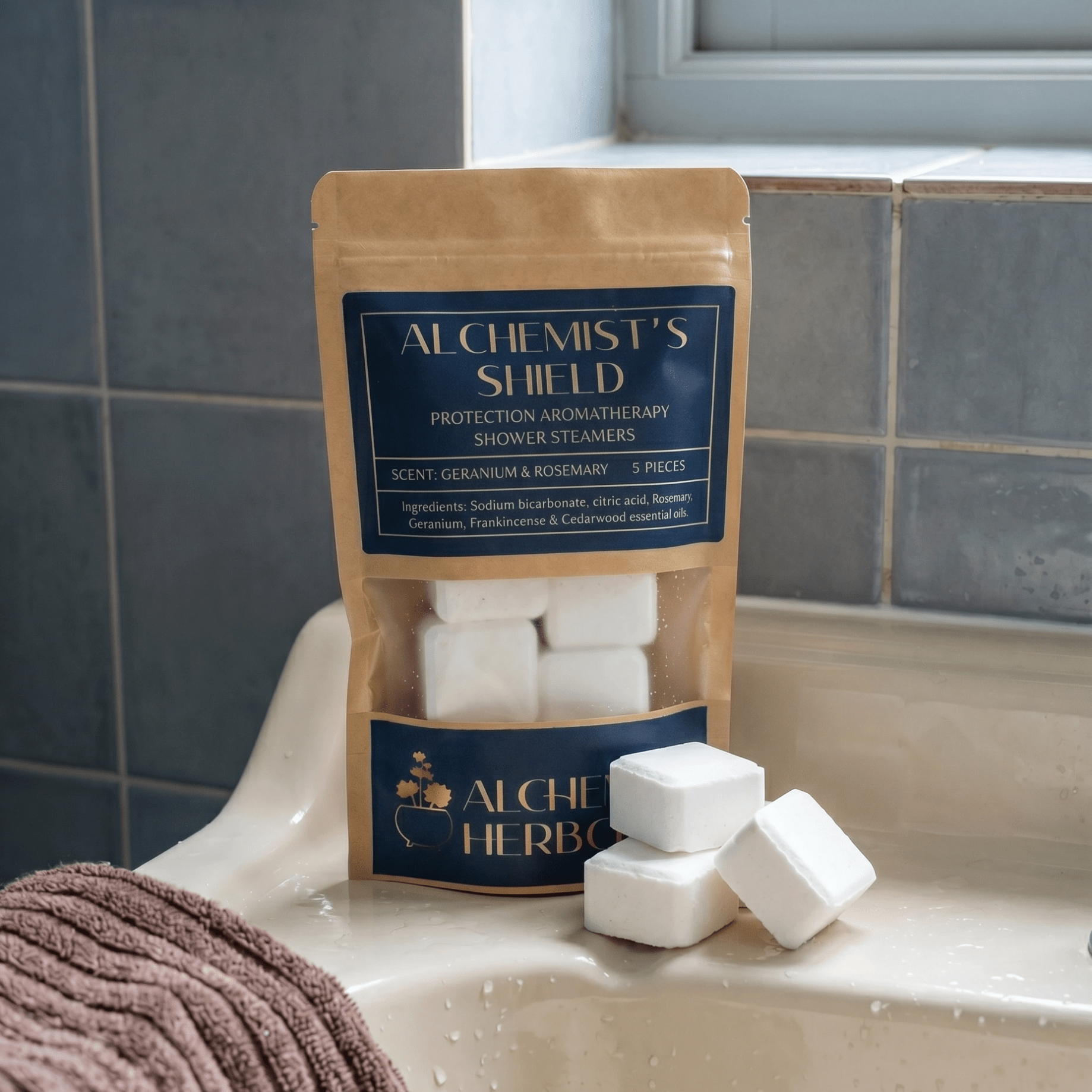 Alchemist's Shield shower steamers packaging on a bathroom counter with steamers outside the packaging.