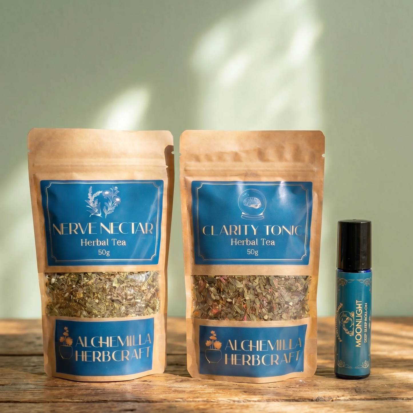 Alchemilla Herbcraft Calm and Clarity Ritual Set including Nerve Nectar, Clarity Tonic, and Moonlight oil roller.