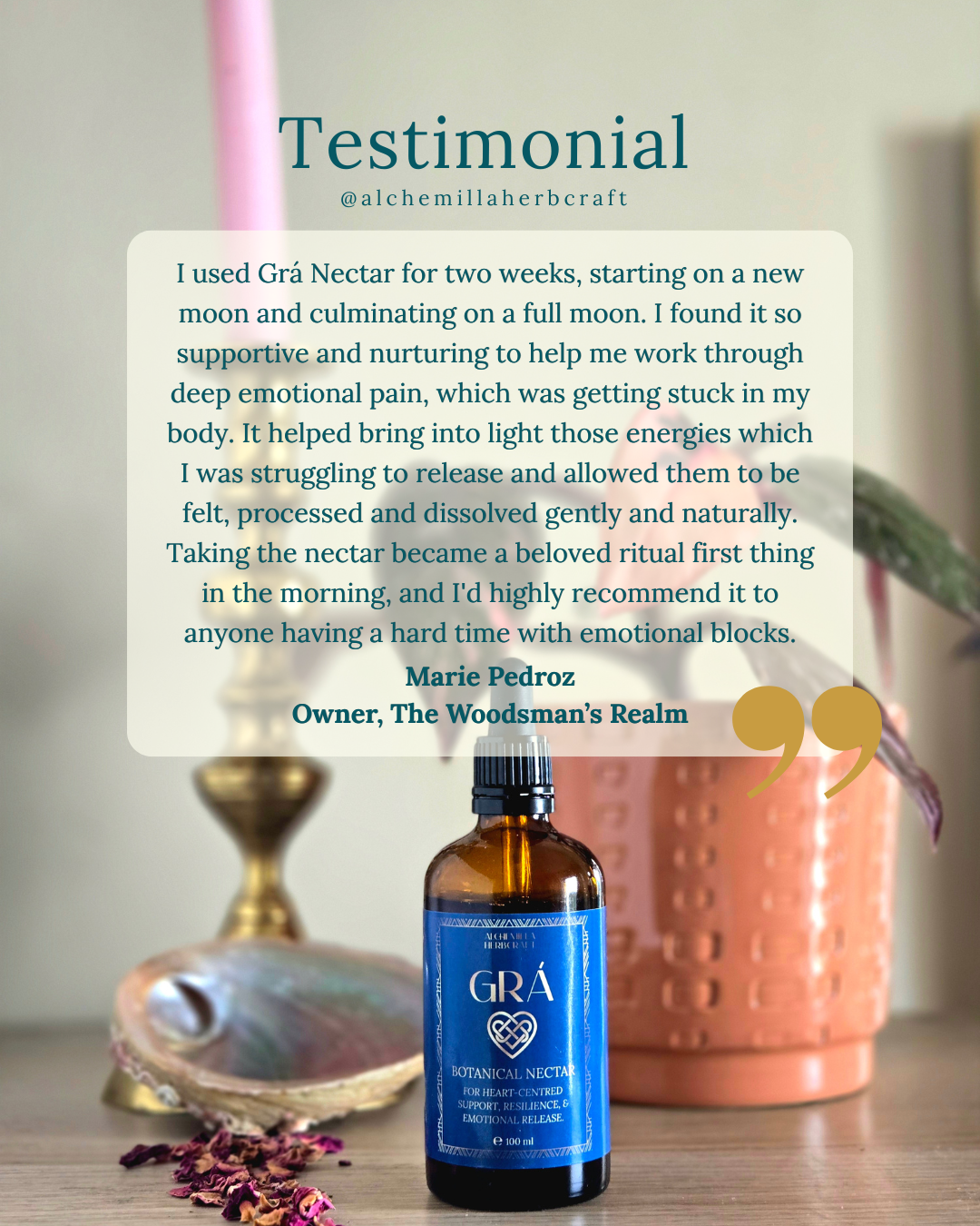 Bottle of GRA Nectar with a testimonial overlay on a blurred background
