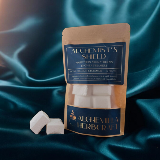 Shower steamers packaging with teal sating fabric background